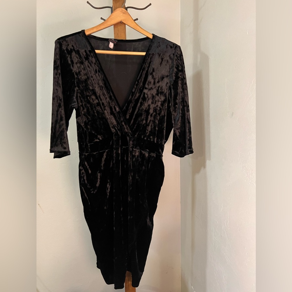 Black velvet short sleeve faux wrap dress